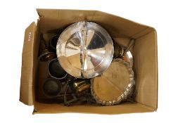 A collection of sundry items to include an Egyptian card tray, plated wares and pewter tankards