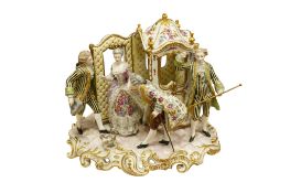 A Samson, Meissen style porcelain sedan chair group, restored, 27cm high