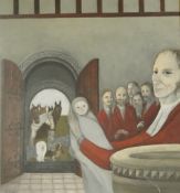 Patricia Neville (20th. C), baptism scene, monogrammed, naive oil on board, 39 x 37cm