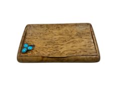 A 19th century Scandinavian or Russian rectangular wood snuff box, with yellow metal and turquoise
