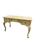 A reproduction painted kneehole dressing table width 130cm depth 61cm height 82cm with matching rush