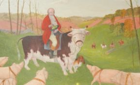 Patricia Neville (20th. C), gentleman wearing hunting attire and cow in a landscape, signed verso,