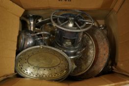 A quantity of Victorian and later silverplated wares to include a spirit burner, trays, centrepiece,