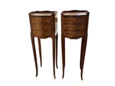 A pair of reproduction French inlaid kingwood bedside chests, width 25cm, depth 22cm, height 74cm