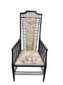 A late Victorian Arts and Crafts ebonised high back elbow chair, width 57cm, depth 55cm, height