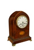 A Edwardian inlaid burr yew mantel clock, height 29cm.