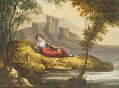 English school, mid 19th century, a lady lying before castle ruins, unsigned, watercolour, housed in