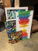 Five various abstract compositions to include three untitled oils on canvas and a mixed media, one