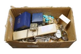 A collection of assorted costume jewellery including gold plated chains and bangles, evening bag,