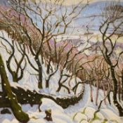 Peter Winstanley (Modern British), 'Snow Trees and Sky', monogrammed, details verso, oil on board,