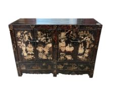A Chinese lacquered four door side cabinet, width 117cm, depth 42cm, height 85cm