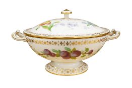 A late 19th century Sevres twin handled bowl and cover hand painted with flowers and ivy leaves,