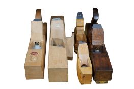 Five beech wood planes by Marples, Mathieson, etc., including; a smoothing plane, a chamfer plane,