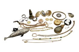 A group of gilt jewels and other items including a garnet, agate and turquoise set seal, 54mm,