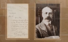 Elgar (Edward, 1857-1934). Signed letter (1900) double mounted with photograph - framed.