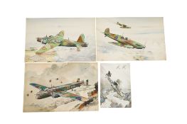A set of four watercolours of WWII warplanes by A.F.D. Bannister, including; a Fairey Barracuda