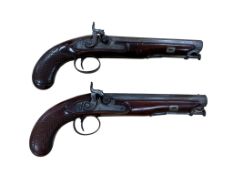 A pair of percussion 18 bore holster pistols by Goldsworthy of Taunton, drum converted from