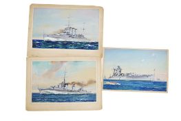 A set of three watercolours of WWII Royal Navy warships by Bernard W. Church, including; H.M.S.