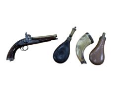 A 36 bore Indian percussion holster pistol, plain brass barrel, lock stamped Lacy & Co. silver
