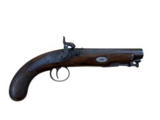 A 24 bore back action percussion holster pistol signed Farmer of Cardiff, rounded chequered grip,