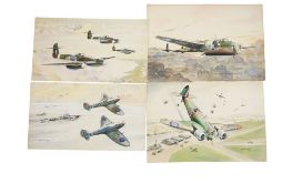 A set of four watercolours of WWII warplanes by A.F.D. Bannister, including; a Westland Whirlwind