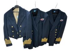 Three 1940s/50s Royal Navy uniforms including two jackets by Burton, both with attached metal