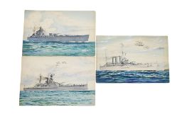 A set of three watercolours of WWII Royal Navy warships by A.D.F. Bannister, including; H.M.S.