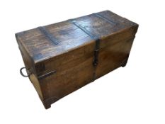 An Indian colonial small trunk, 19th century, in teak with iron mounts and brass plate inscribed “