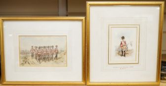 Orlando Norie, two small military watercolours; Coldstream Guards marching (11x16.5cm) and a