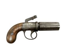 A six shot 140 bore self cocking percussion hammer pepper box revolver, frame engraved, improved