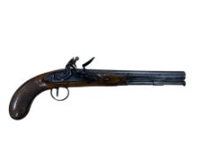 A 20 bore Irish rifled flintlock holster pistol signed Fowler of Dublin, signed lock with bolted
