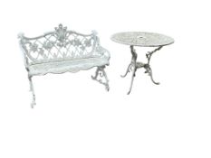 A Coalbrookdale style cast aluminium garden bench, width 99cm, depth 50cm, height 83cm together with