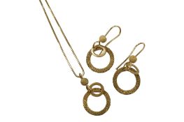 A 9ct pendant necklace, overall 44cm and pair of matching drop earrings, gross weight 4.6 grams.
