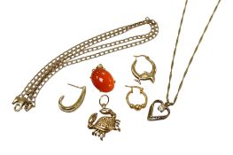 A 375 curb link chain, 42cm, an 18k mounted carnelian pendant, three odd earrings, two 9ct, a 9ct