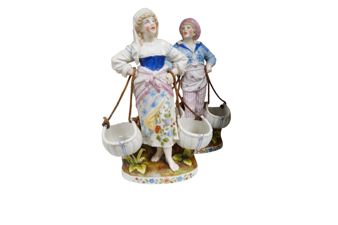 A late Victorian Torquay Ware pottery bulb vase, height 20cm, and two pairs of Continental porcelain - Image 4 of 4