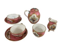 A mid 19th century Minton Sevres-type porcelain tête-à-tête, comprising teapot, two cups, two