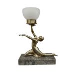 An Art Deco lamp, surmounted with a semi nude woman, with opaque glass shade, 30cm wide