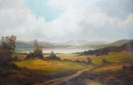 Herman Dieste (German, 1931-2014), Continental river landscape, signed, 59 x 89cm