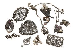 A collection of marcasite and cultured pearl jewels, including a white metal, cultured pearl and