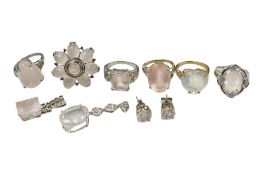 A collection of mainly 925 and rose quartz jewels, including a 925 oval cabochon cluster dress ring,