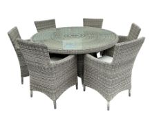 An all weather rattan circular garden table, diameter 150cm, height 73cm and six chairs (table
