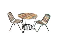 A circular slatted wood wrought iron garden table, diameter 85cm, height 78cm and two matching