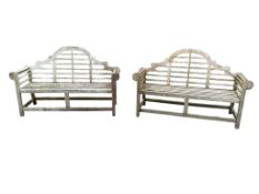 A pair of weathered teak Lutyens style garden benches, width 162cm, depth 50cm, height 104cm