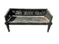 A Hungarian painted wood bench, width 176cm, depth 68cm, height 82cm