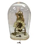 A Victorian brass single fusee skeleton clock, raised on a marble base, under a glass dome, with