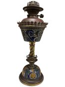 A late Victorian Doulton Lambeth stoneware oil lamp with Hinks burner and an etched & engraved glass