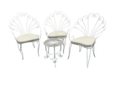 Three painted wrought iron garden chairs, width 64cm, depth 46cm, height 90cm together with a