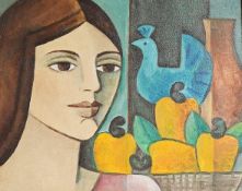 Francis Gurgel, study of a woman bedside fruit and a bird, signed and dated ‘87, modernist oil on