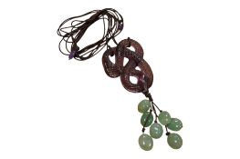 A Lalique amethyst and adventurine quartz cluster set pendant necklace, modelled as an entwined