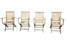 A set of four teak folding garden elbow chairs, width 54cm, depth 48cm, height 88cm